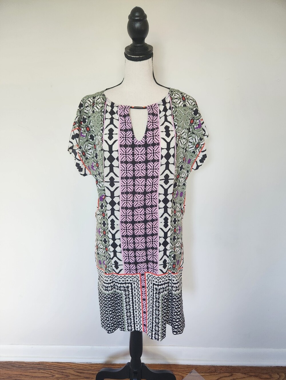Hale Bob Printed Shift Dress Boho Geometric Keyhole Tunic Mini Dress XS - Picture 3 of 14